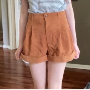 Camel Rolled Hem Fold Pleated Cord Shorts